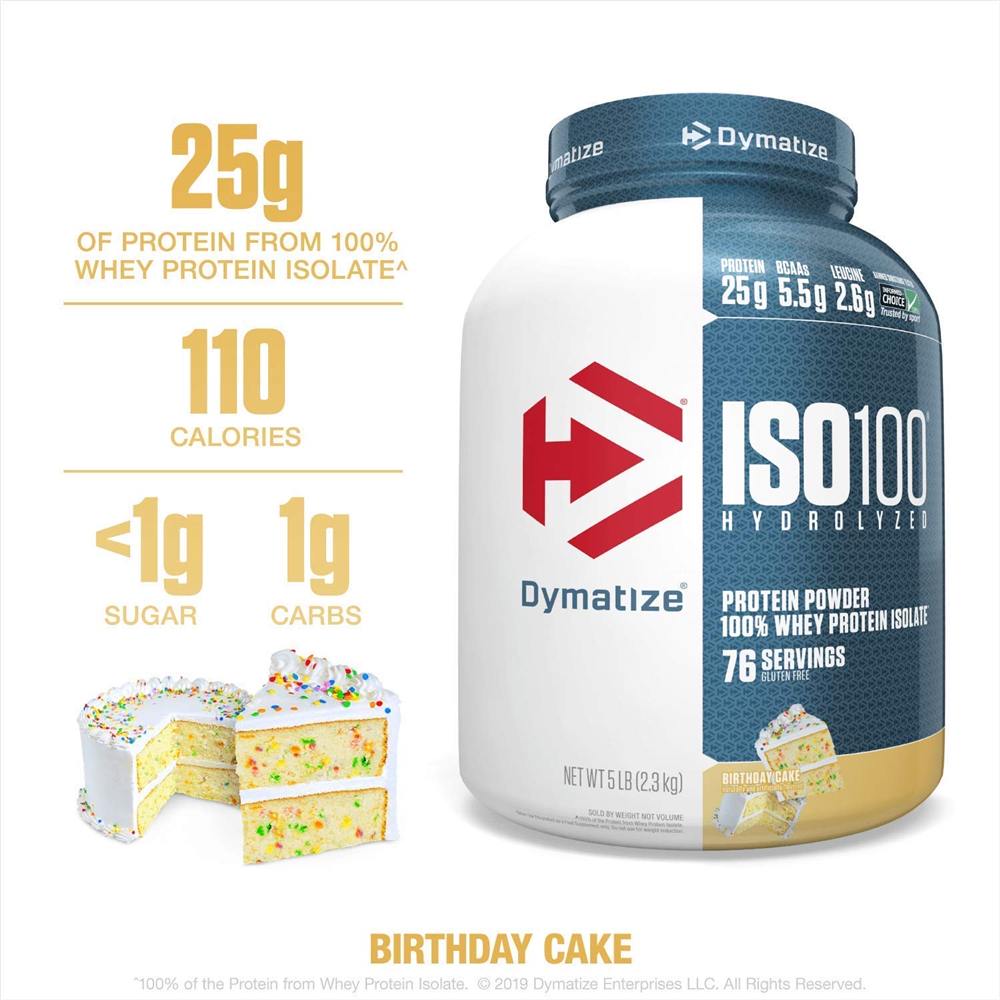 Dymatize ISO100 Hydrolyzed Protein Powder, 100% Whey Isolate Protein, 25g of Protein, 5.5g BCAAs, Gluten Free, Fast Absorbing, Easy Digesting, 5 Pound Birthday Cake