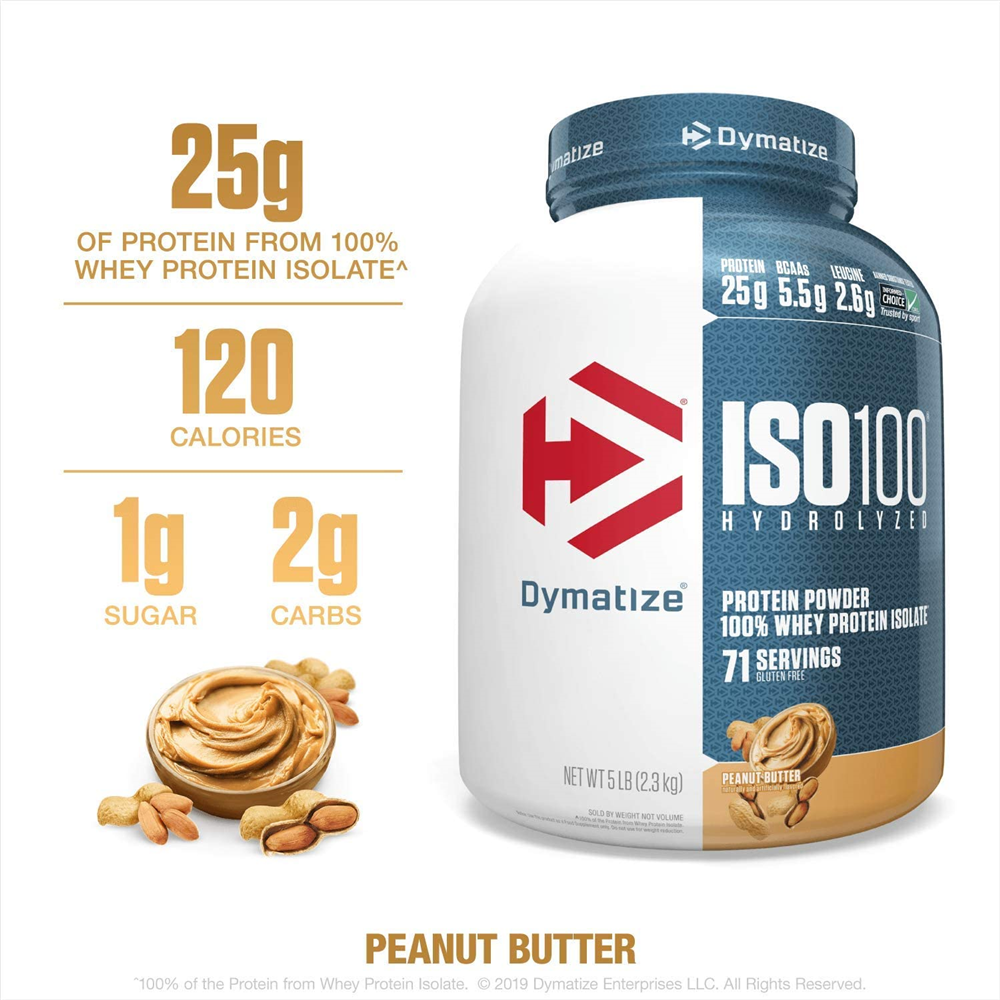 Dymatize ISO100 Hydrolyzed Protein Powder, 100% Whey Isolate Protein, 25g of Protein, 5.5g BCAAs, Gluten Free, Fast Absorbing, Easy Digesting, 5 Pound Peanut Butter