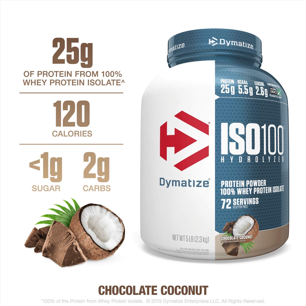 Dymatize ISO100 Hydrolyzed Protein Powder, 100% Whey Isolate Protein, 25g of Protein, 5.5g BCAAs, Gluten Free, Fast Absorbing, Easy Digesting, 5 Pound Chocolate Coconut