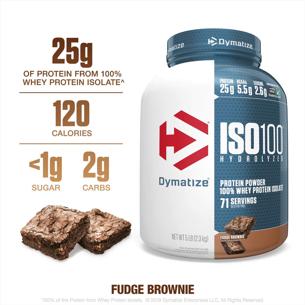 Dymatize ISO100 Hydrolyzed Protein Powder, 100% Whey Isolate Protein, 25g of Protein, 5.5g BCAAs, Gluten Free, Fast Absorbing, Easy Digesting, 5 Pound Fudge Brownie