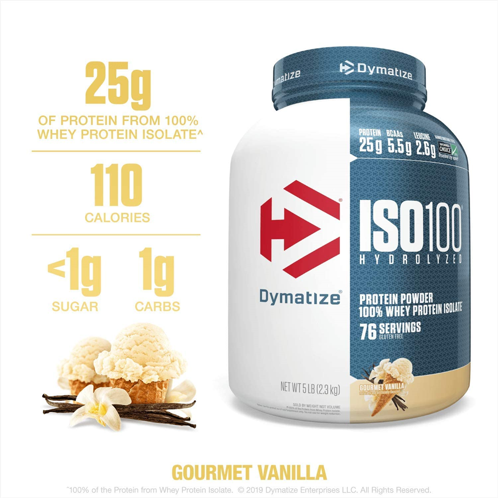 Dymatize ISO100 Hydrolyzed Protein Powder, 100% Whey Isolate Protein, 25g of Protein, 5.5g BCAAs, Gluten Free, Fast Absorbing, Easy Digesting, 5 Pound Gourmet Vanilla