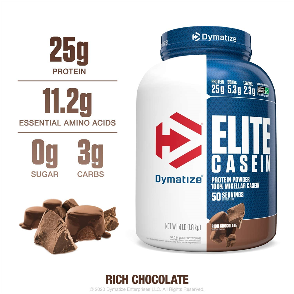 Dymatize Elite Casein Protein Powder, Slow Absorbing with Muscle Building Amino Acids, 100% Micellar Casein, 25g Protein, 5.4g BCAAs & 2.3g Leucine, Helps Overnight Recovery, 4 Pound