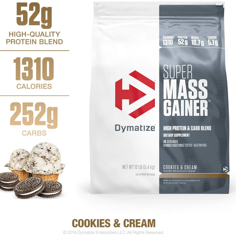 Dymatize Super Mass Gainer Protein Powder, 1280 Calories & 52g Protein, Gain Strength & Size Quickly, 10.7g BCAAs, Mixes Easily, Tastes Delicious, 12 lbs Cookies & Cream