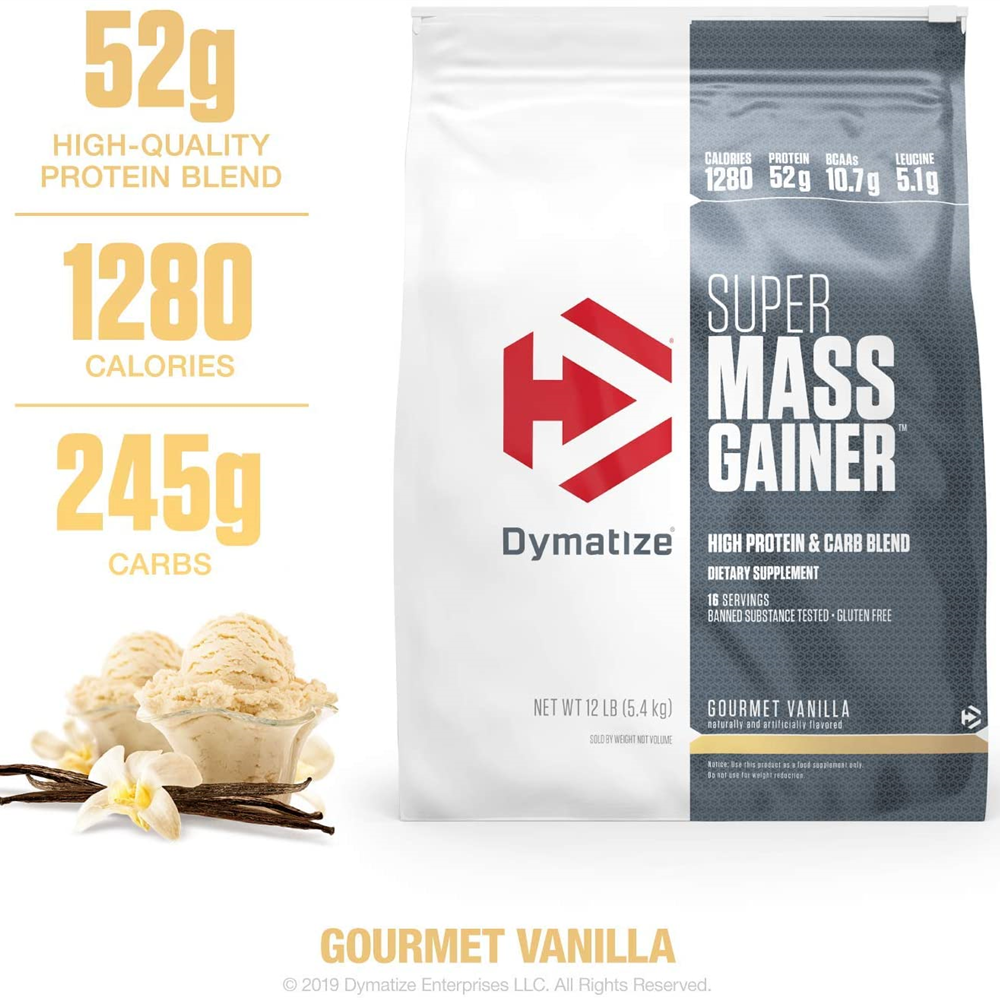 Dymatize Super Mass Gainer Protein Powder, 1280 Calories & 52g Protein, Gain Strength & Size Quickly, 10.7g BCAAs, Mixes Easily, Tastes Delicious, 12 lbs Gourmet Vanilla