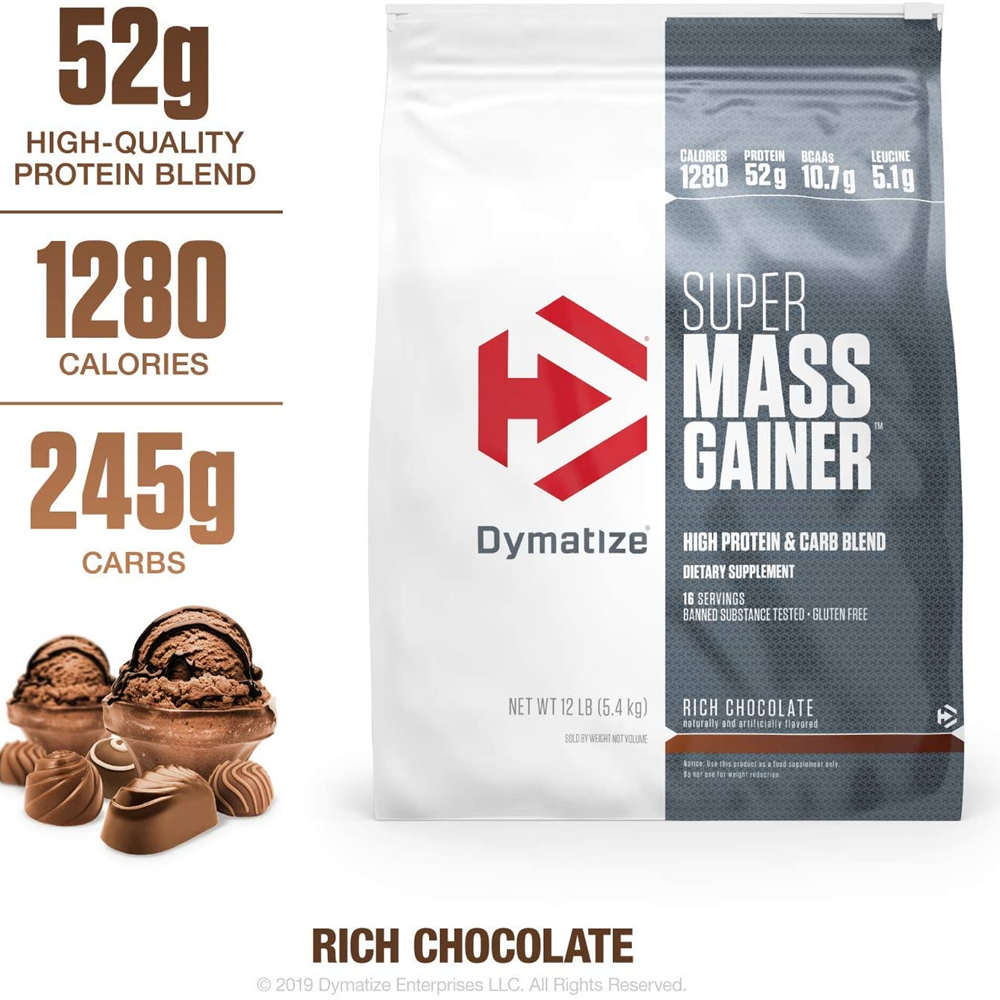 Dymatize Super Mass Gainer Protein Powder, 1280 Calories & 52g Protein, Gain Strength & Size Quickly, 10.7g BCAAs, Mixes Easily, Tastes Delicious, 12 lbs Rich Chocolate