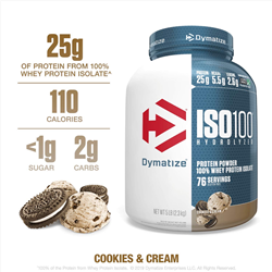 Dymatize ISO100 Hydrolyzed Protein Powder, 100% Whey Isolate Protein, 25g of Protein, 5.5g BCAAs, Gluten Free, Fast Absorbing, Easy Digesting, 5 Pound Cookies & Cream