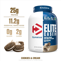 Dymatize Elite Casein Protein Powder, Slow Absorbing with Muscle Building Amino Acids, 100% Micellar Casein, 25g Protein, 5.4g BCAAs & 2.3g Leucine, Helps Overnight Recovery, 4 Pound